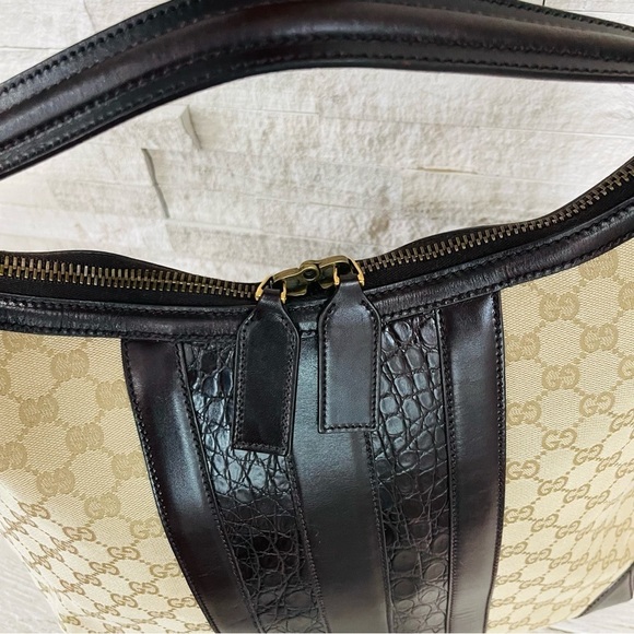 GUCCI Monogram Crocodile Web Medium Secret Hobo Dark Brown Leather Handbag - Picture 8 of 16